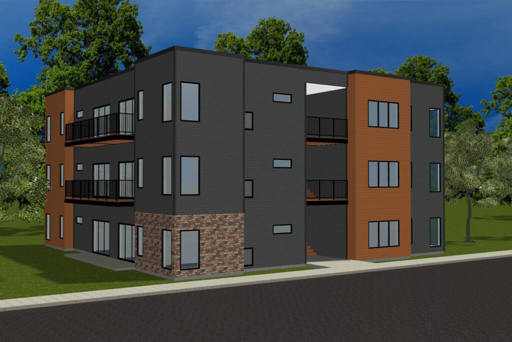 A rendering of a multi-family housing building.