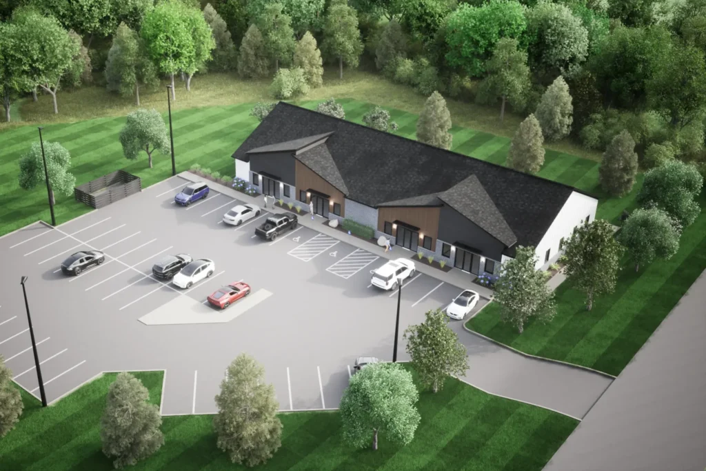 A rendering showing an overhead view of a commercial retail building.