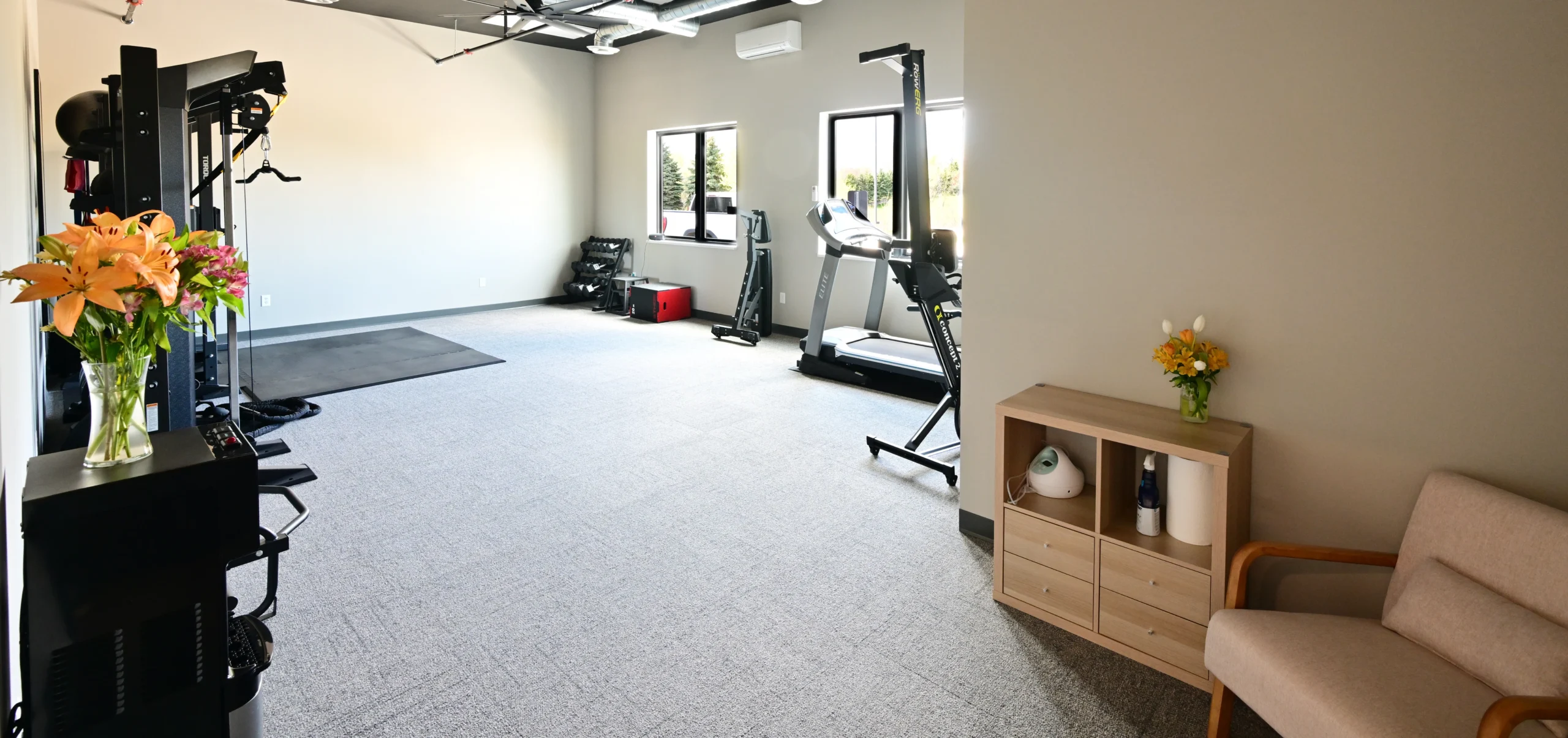 Exercise equipment in a room.