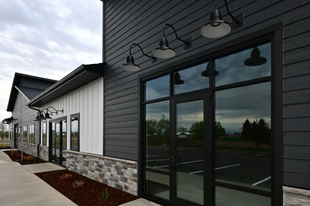 The exterior facade of a commercial building.