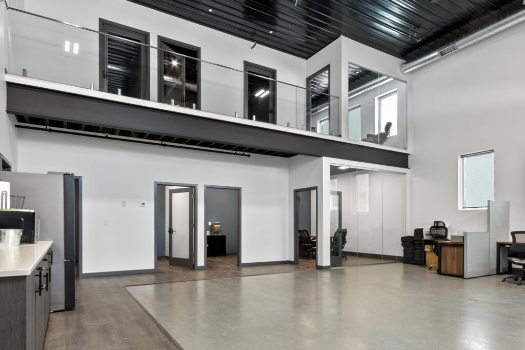 The interior of a two-story office space.