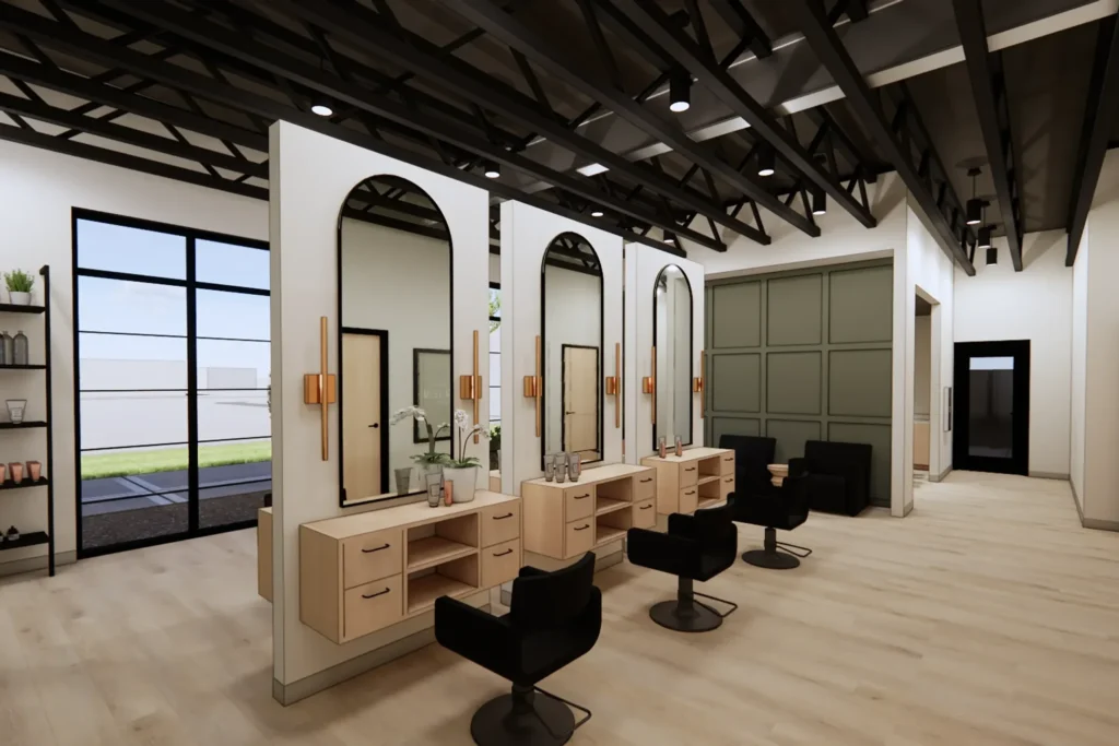 A rendering showing the inside of a salon.