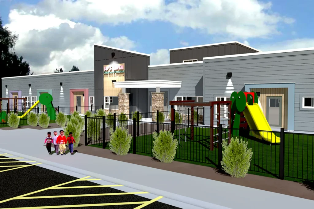 A rendering showing kids in front of a daycare facility.