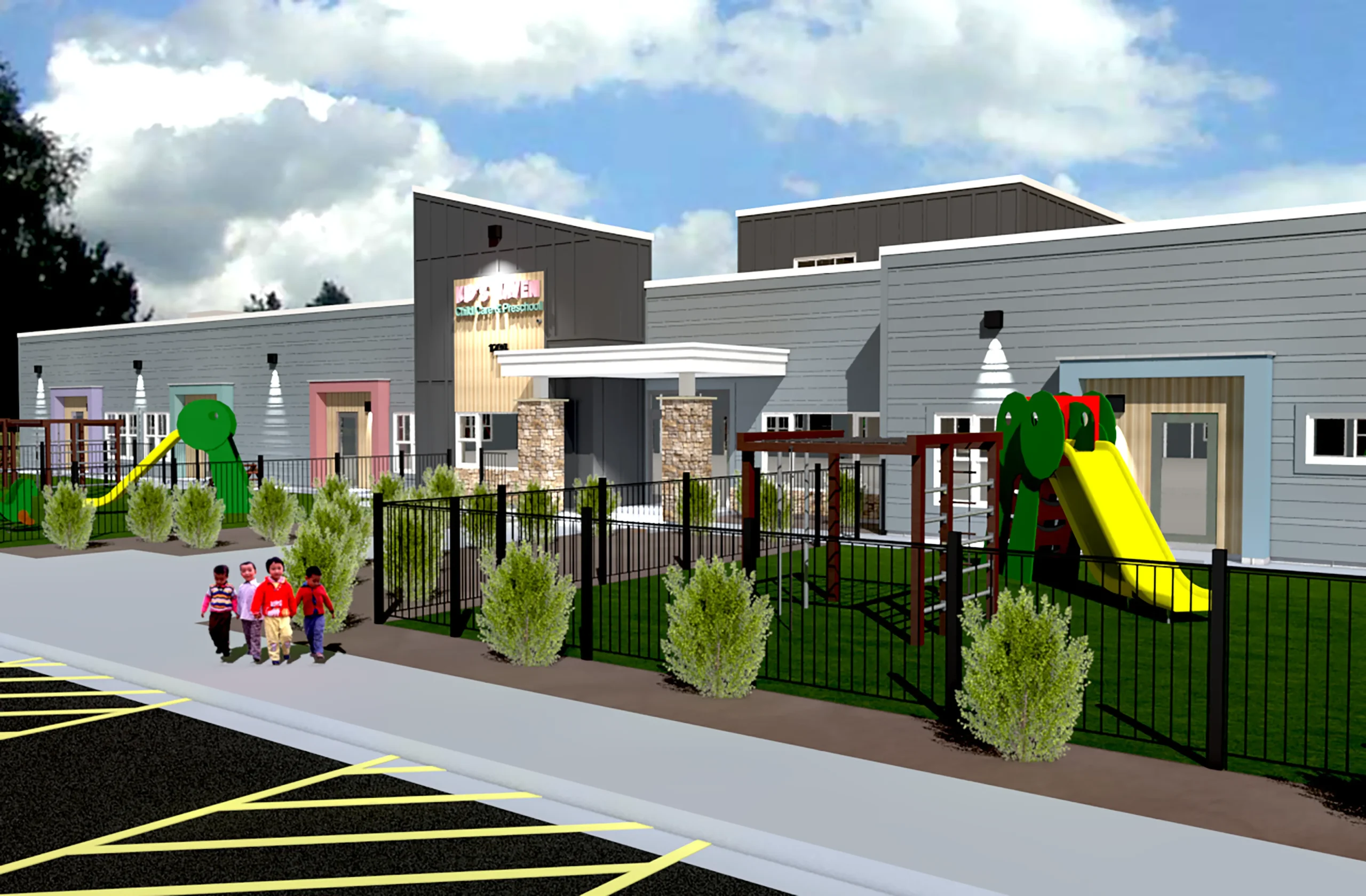 A computer generated rendering of a childcare facility.