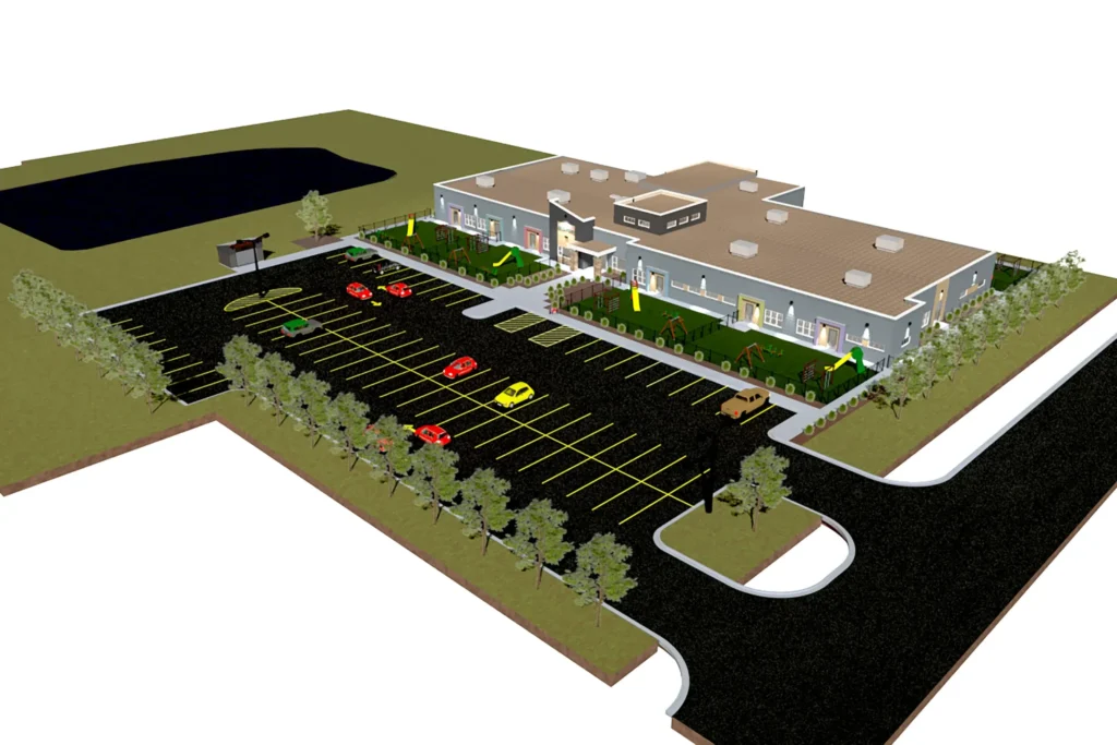 A high level rendering of a childcare building.