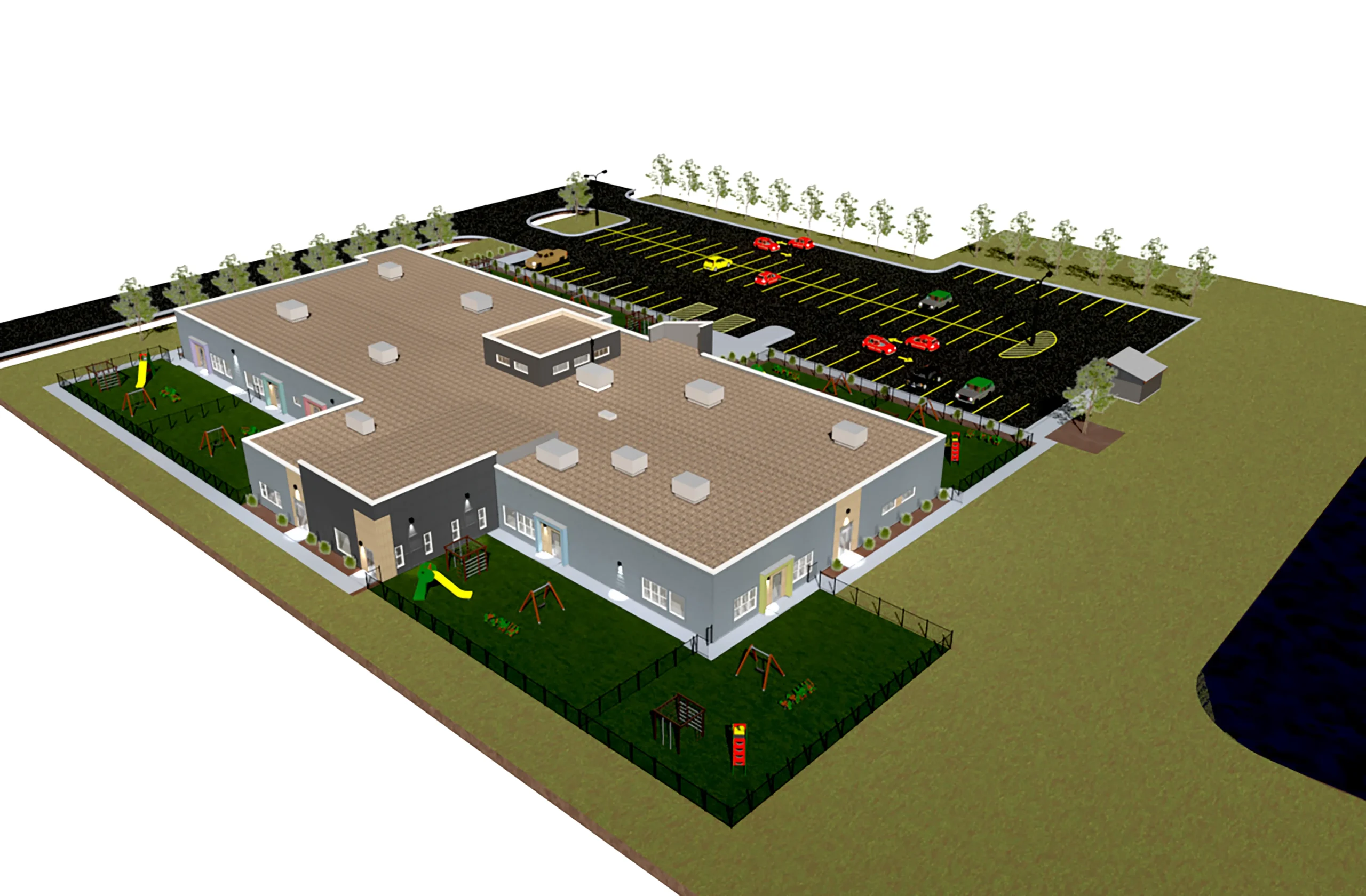 An overhead view of a rendering of a child care building.