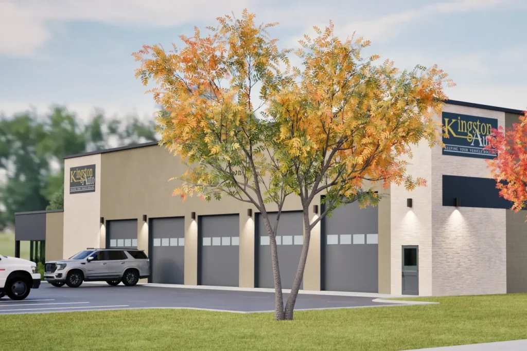 A rendering showing an auto repair shop.