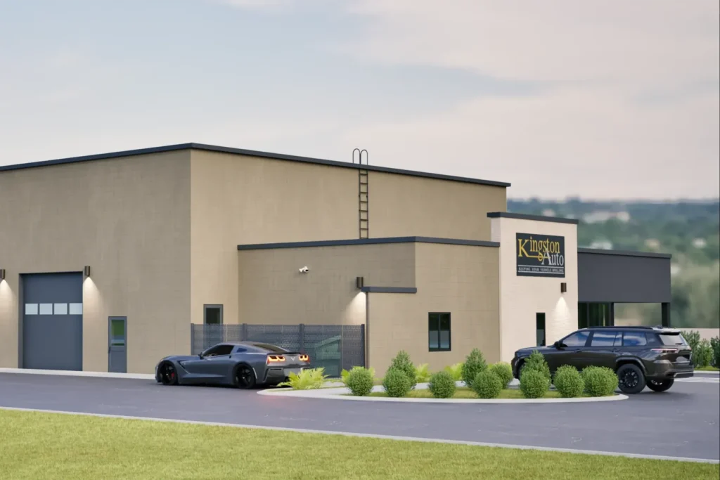 A rendering of the exterior of an automotive repair facility.