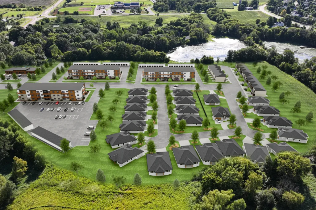A rendering depicting an overhead view of a housing development.