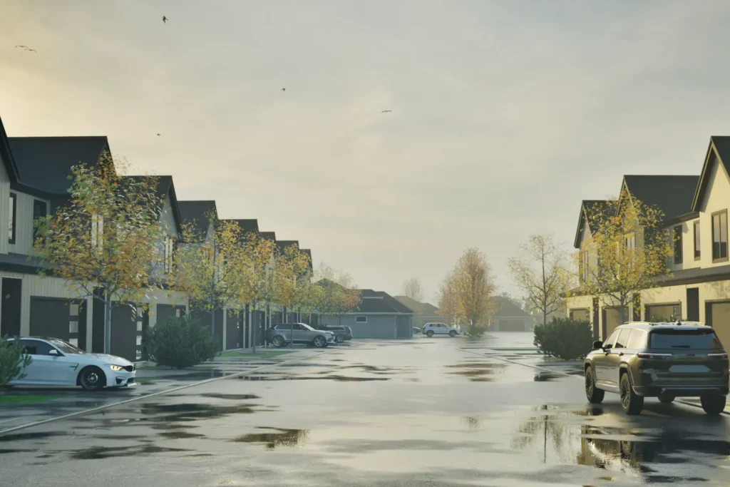 A rendering of townhomes with cars parked outside.