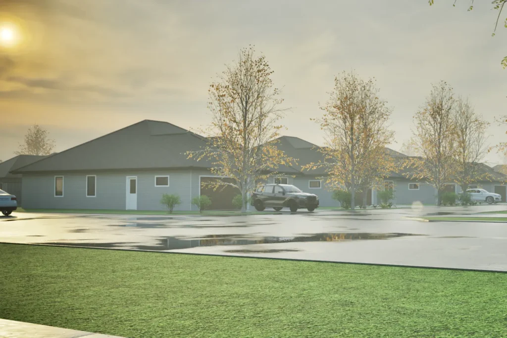A rendering of homes inside of a housing development.